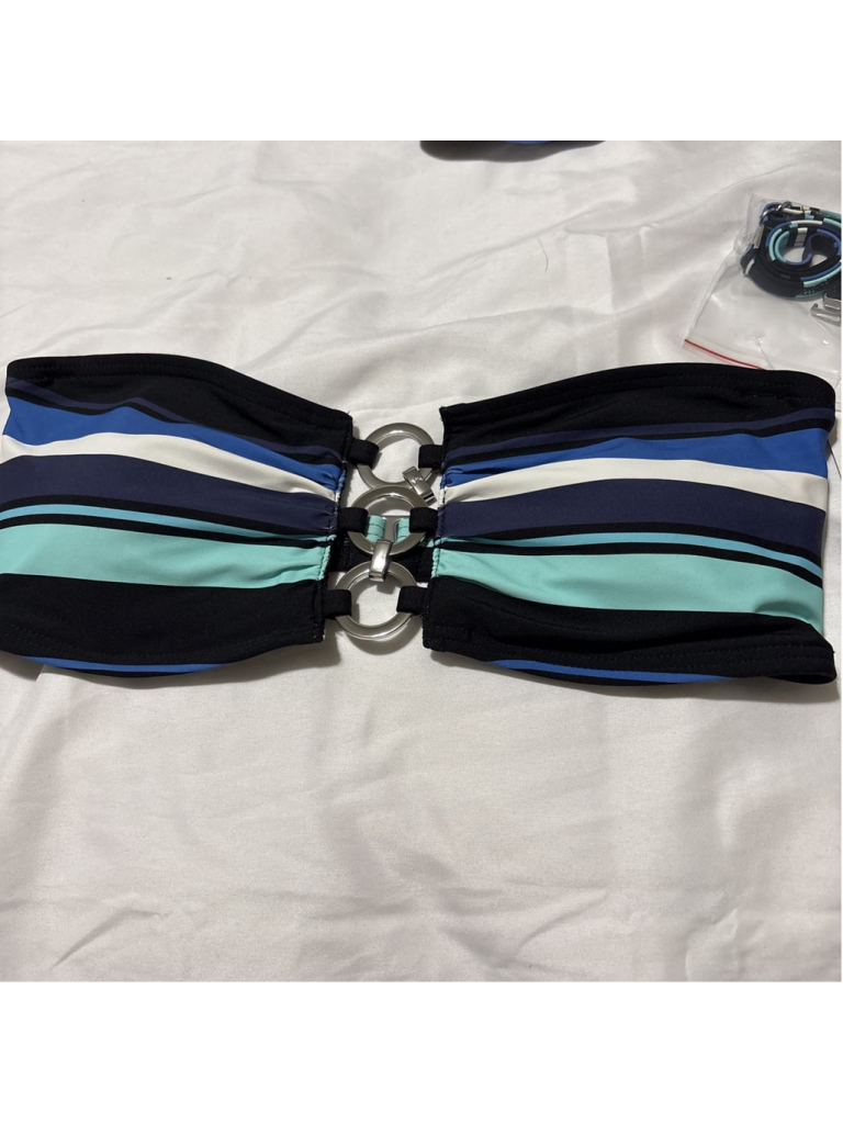Michael Michael Kors Bandeau Bikini Top Ring Detail - Blue/Black Stripes -Med